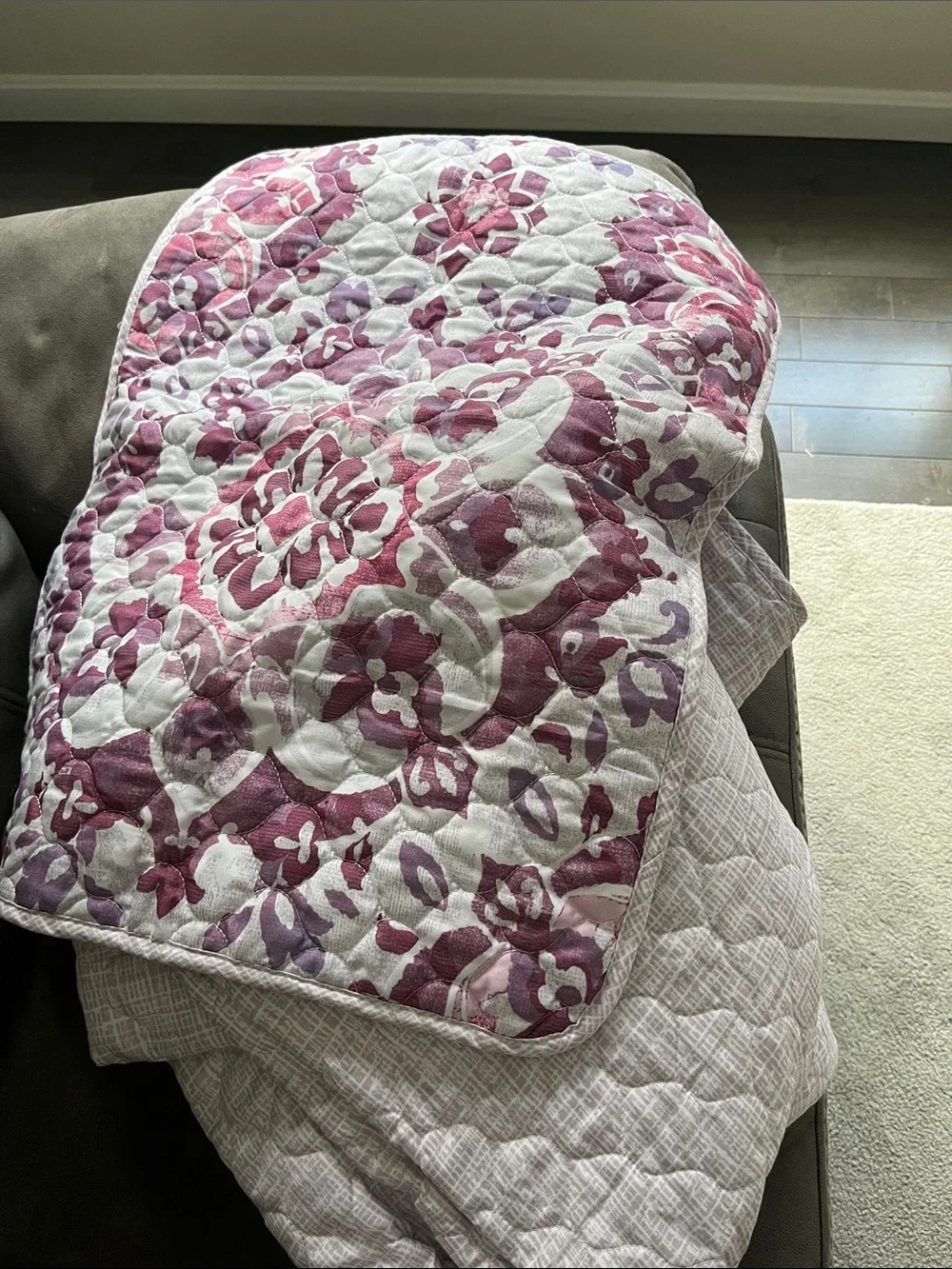 Reversible Quilted Floral Throw in Plum and Lavender w/ 2 shams